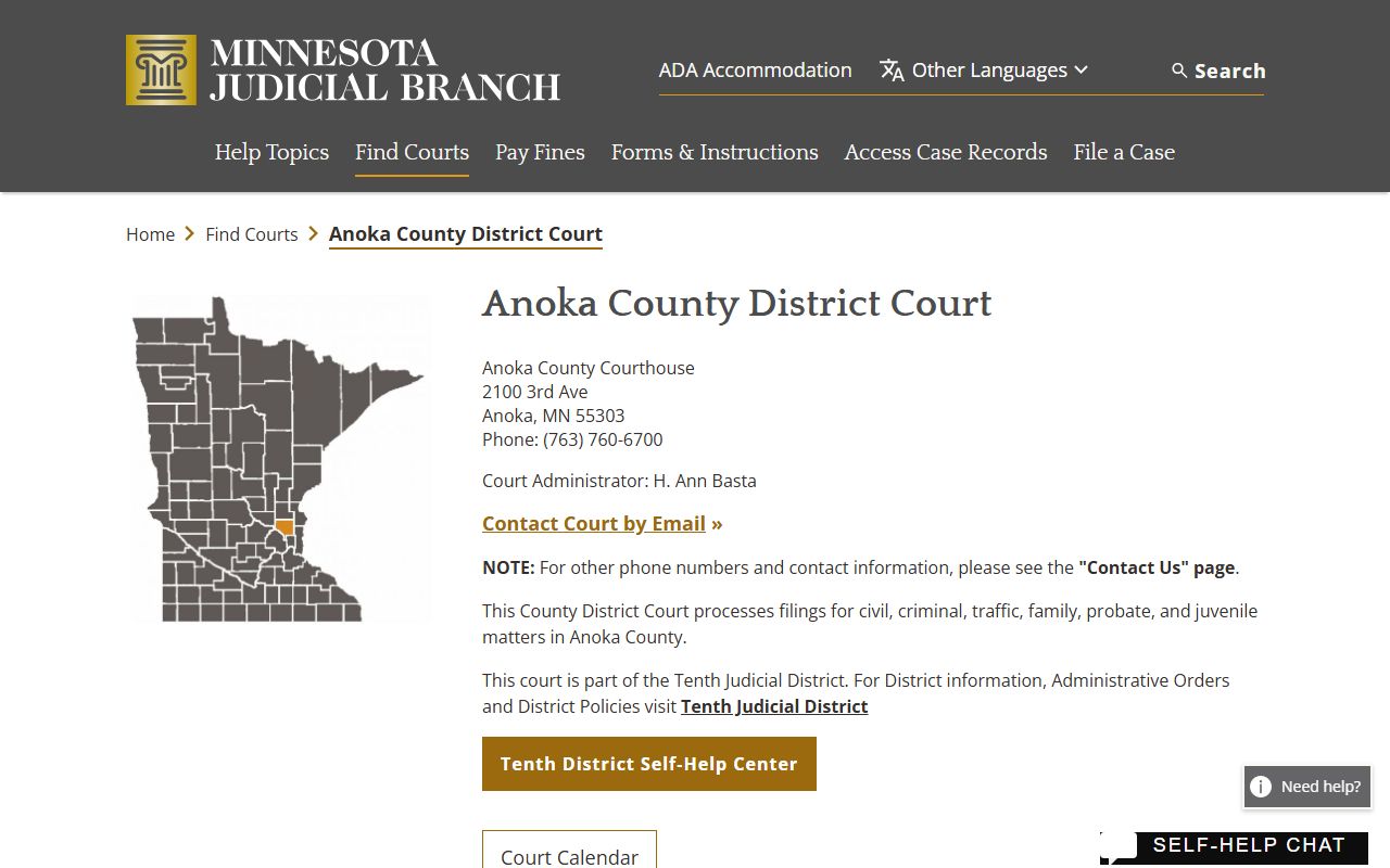 Anoka County District Court page on the Minnesota Judicial Branch site