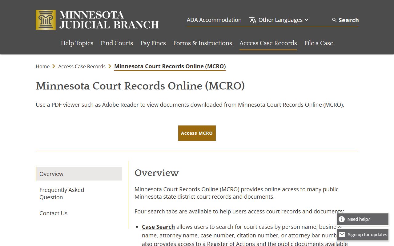 MCRO overview showing Anoka County court record search options