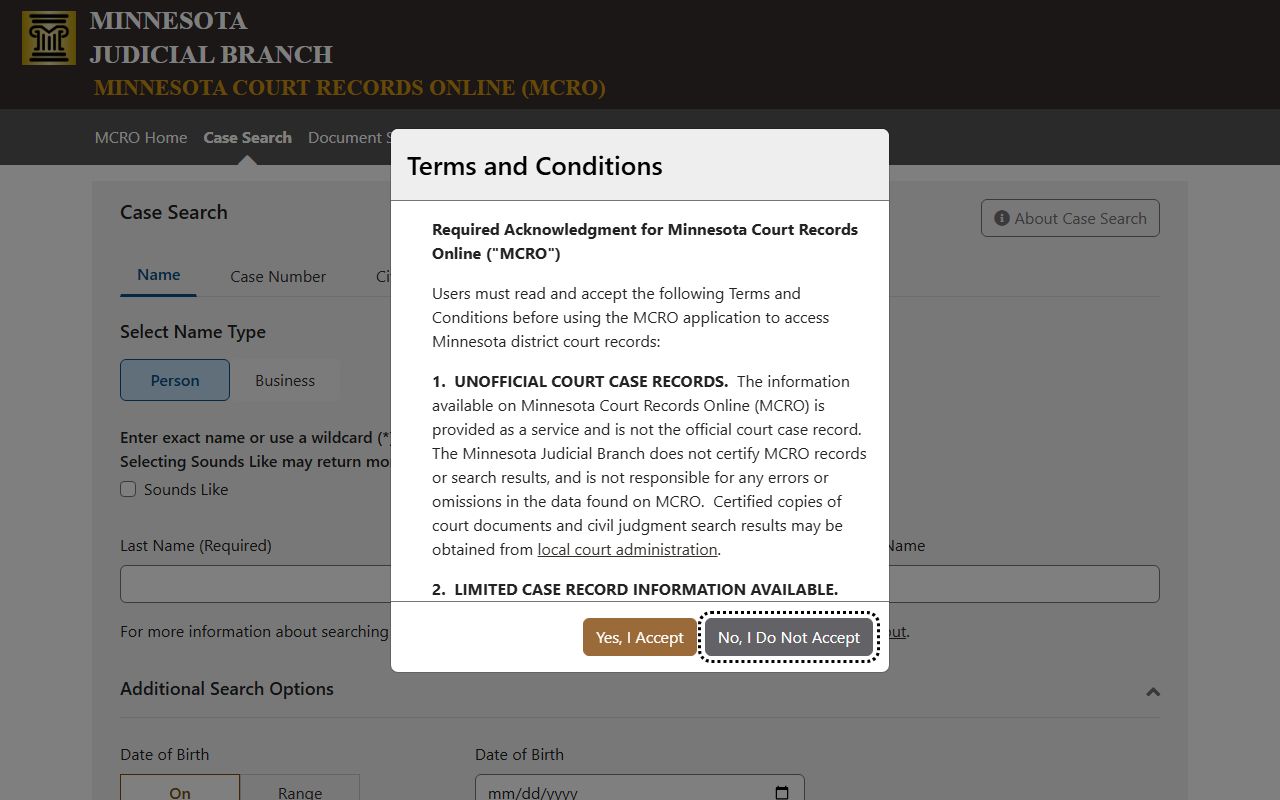 MCRO Case Search form with Anoka County selected in the location filter