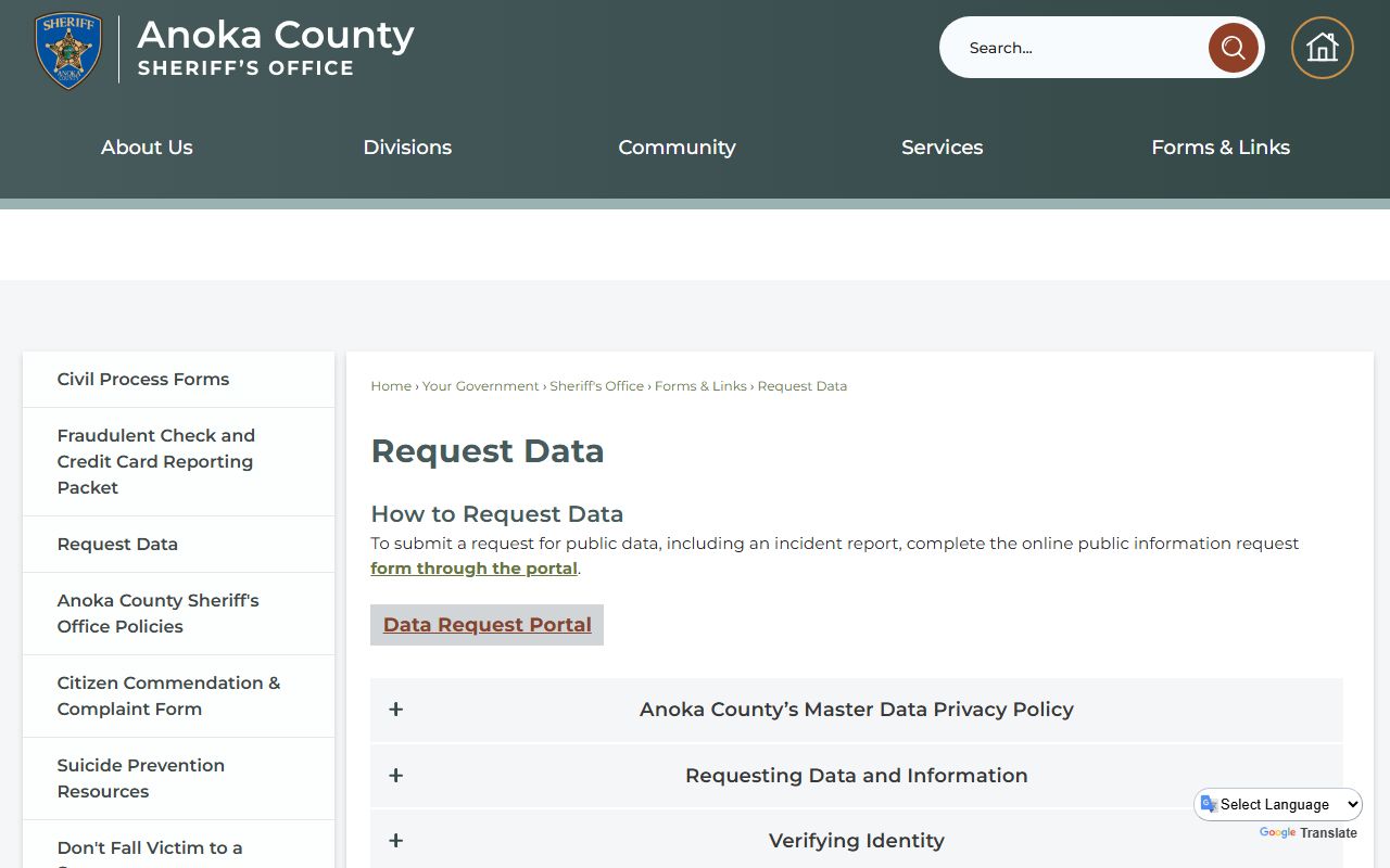 Anoka County Sheriff data request portal for police reports and public records