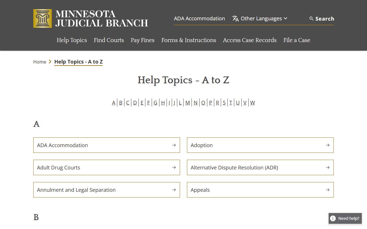 Minnesota Judicial Branch Help Topics A to Z covering Anoka County court records