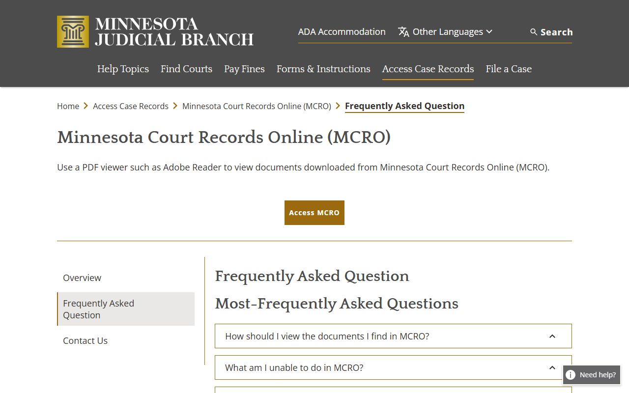 MCRO FAQ explaining Anoka County court record searches