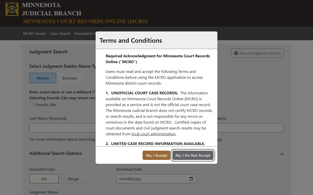 MCRO Judgment Search interface for Anoka County