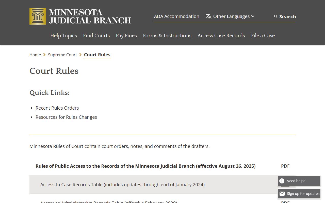 Minnesota court rules and rules of public access