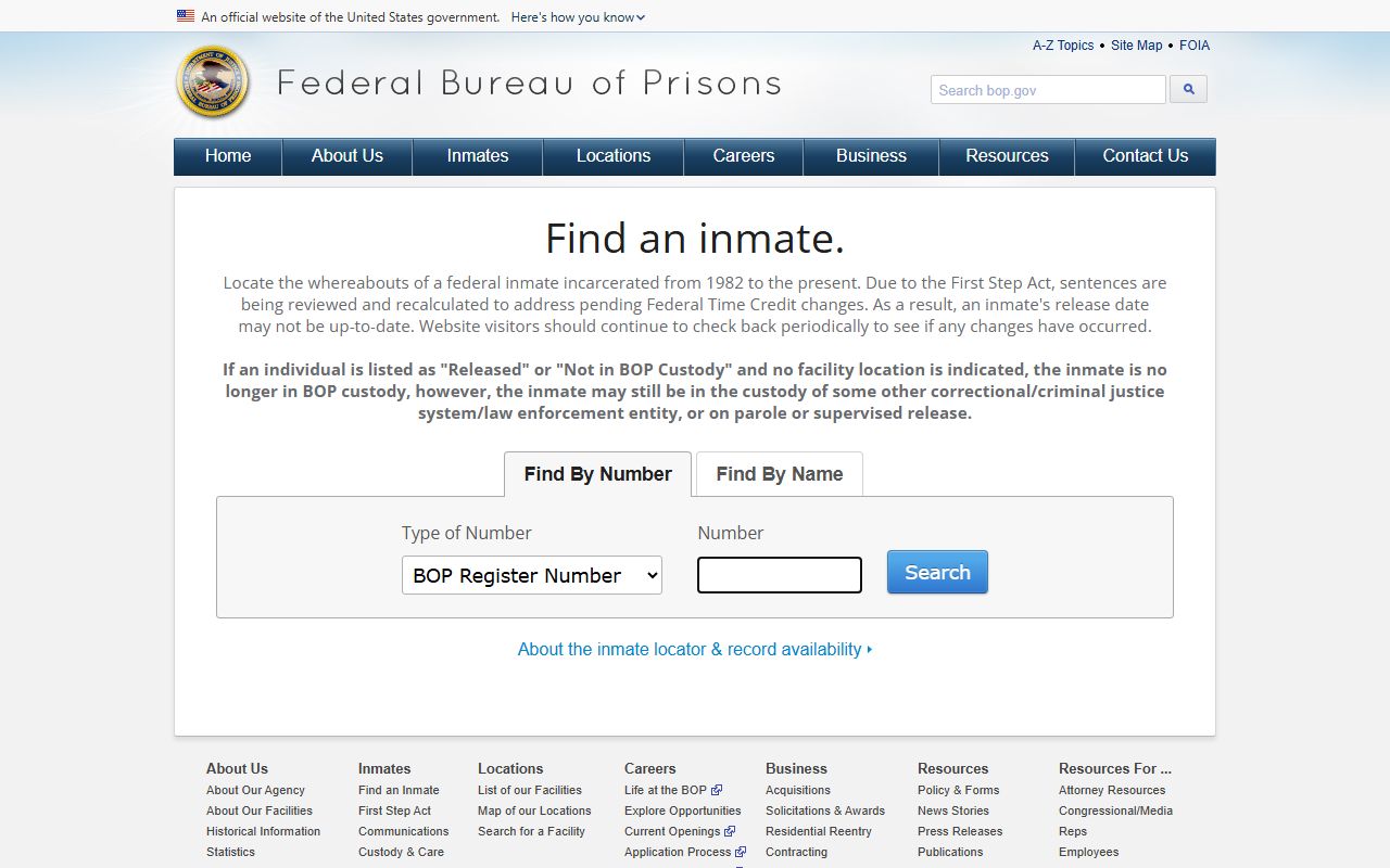 Federal BOP inmate locator search by name or register number