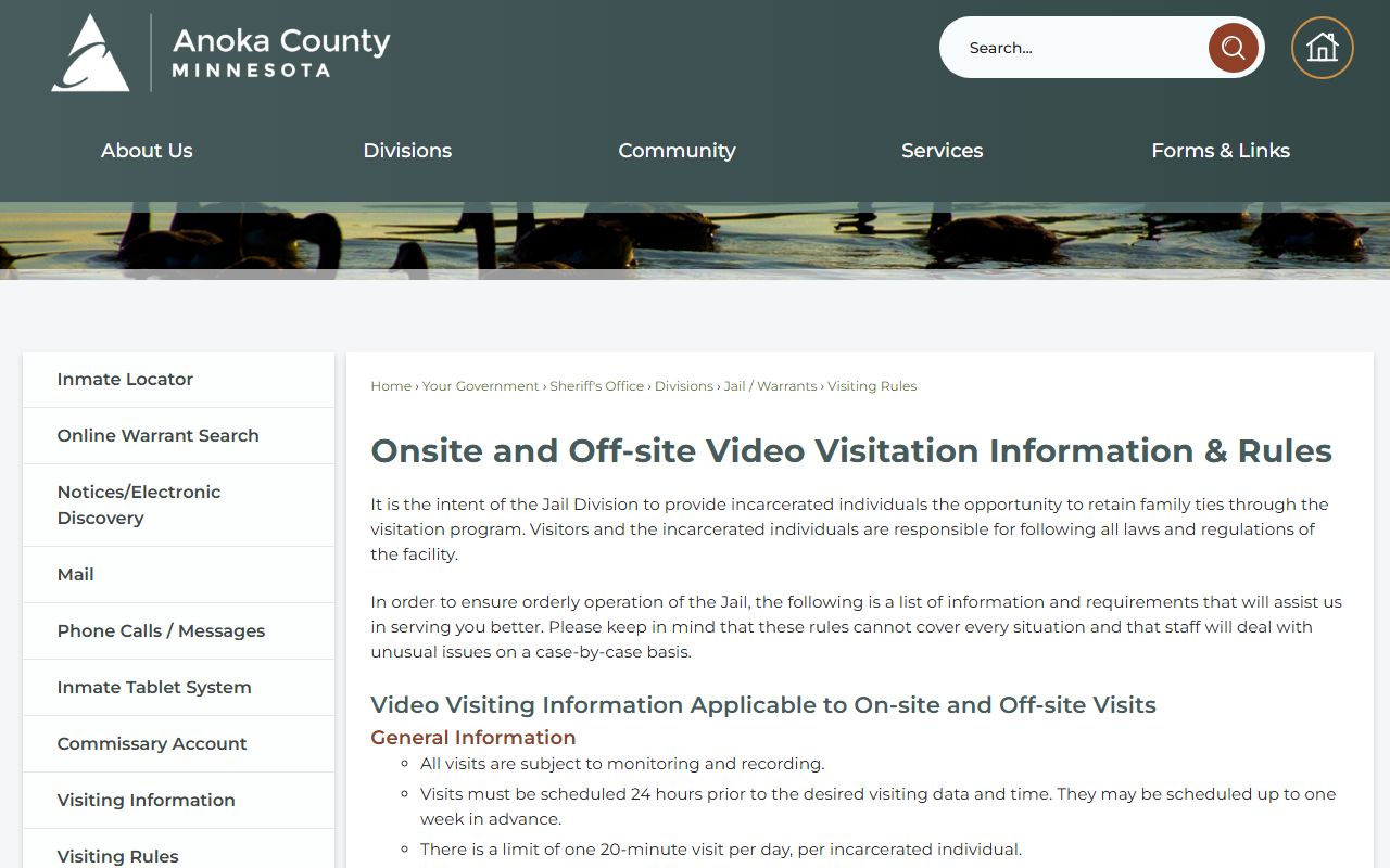 Anoka County jail video visitation rules page