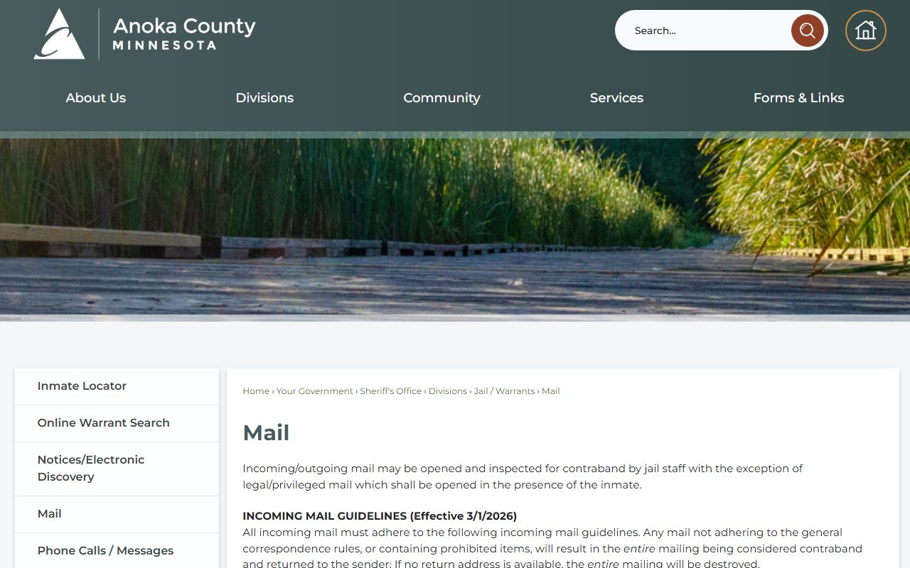 Anoka County jail mail rules effective March 2026