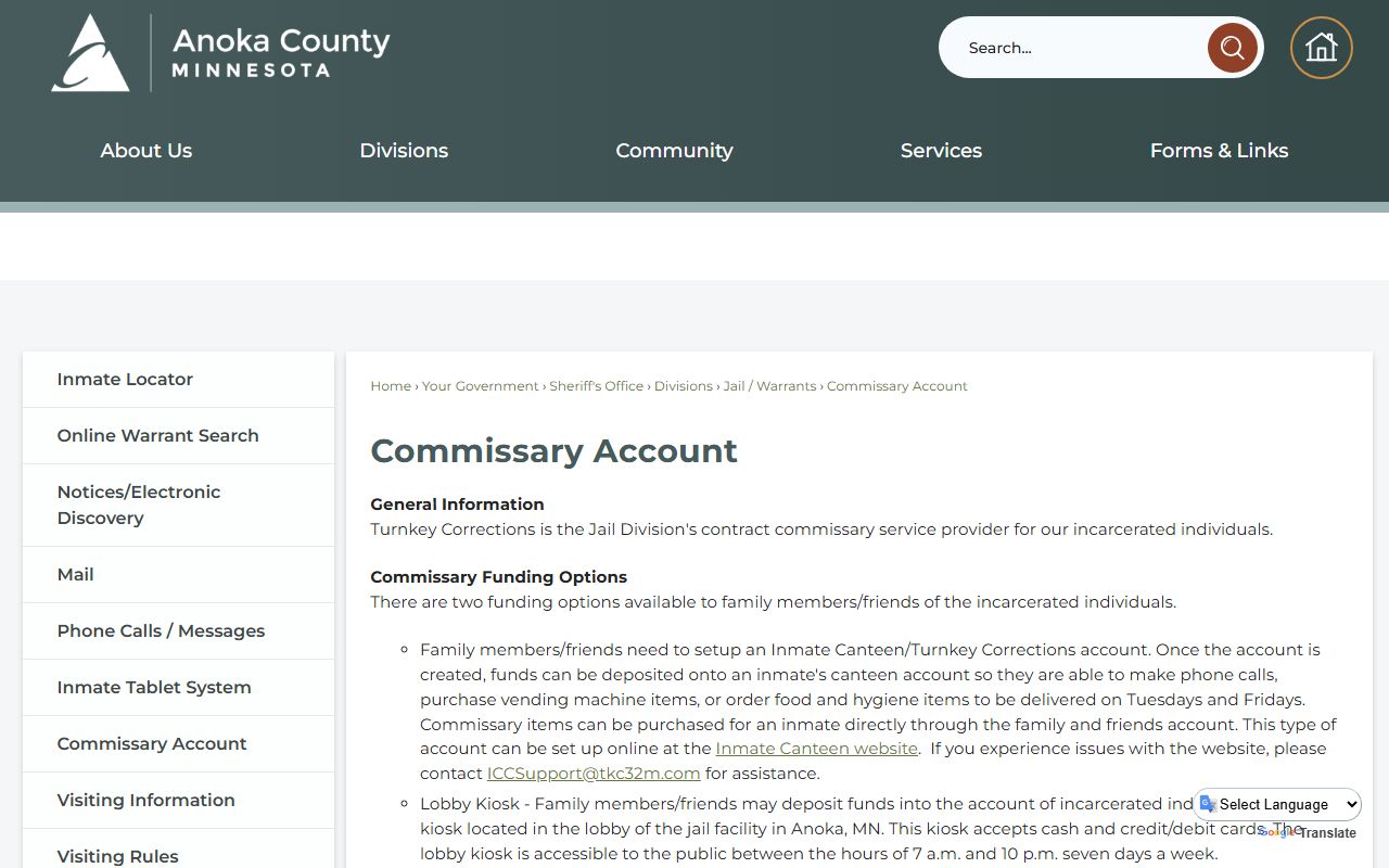 Anoka County jail commissary account funding options