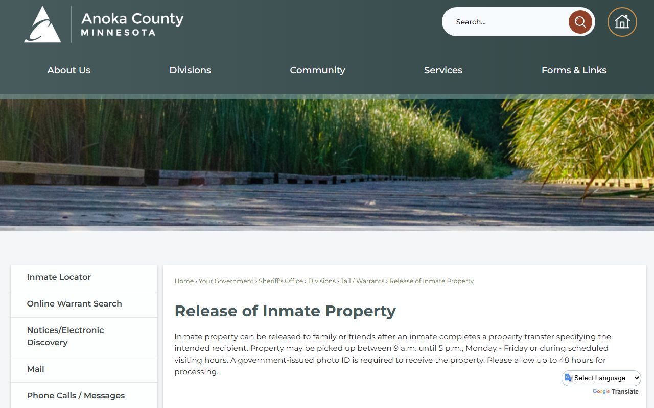 Anoka County jail release of inmate property instructions