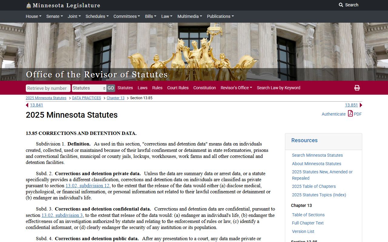 Minnesota corrections and detention data statute