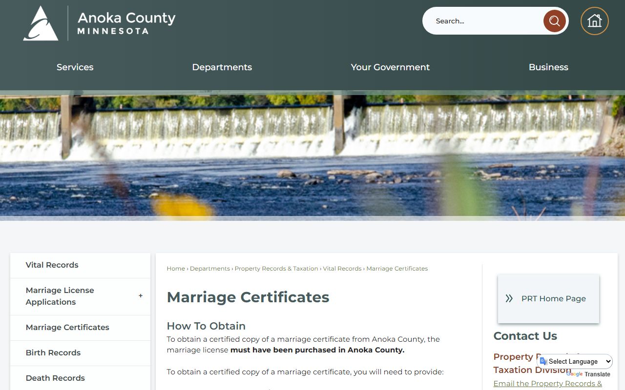 Anoka County marriage certificate request page