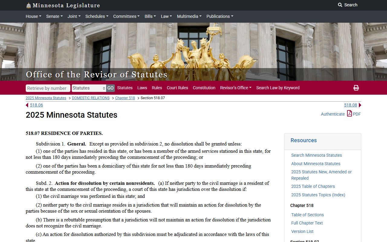 Minnesota dissolution residency statute for Anoka County divorces