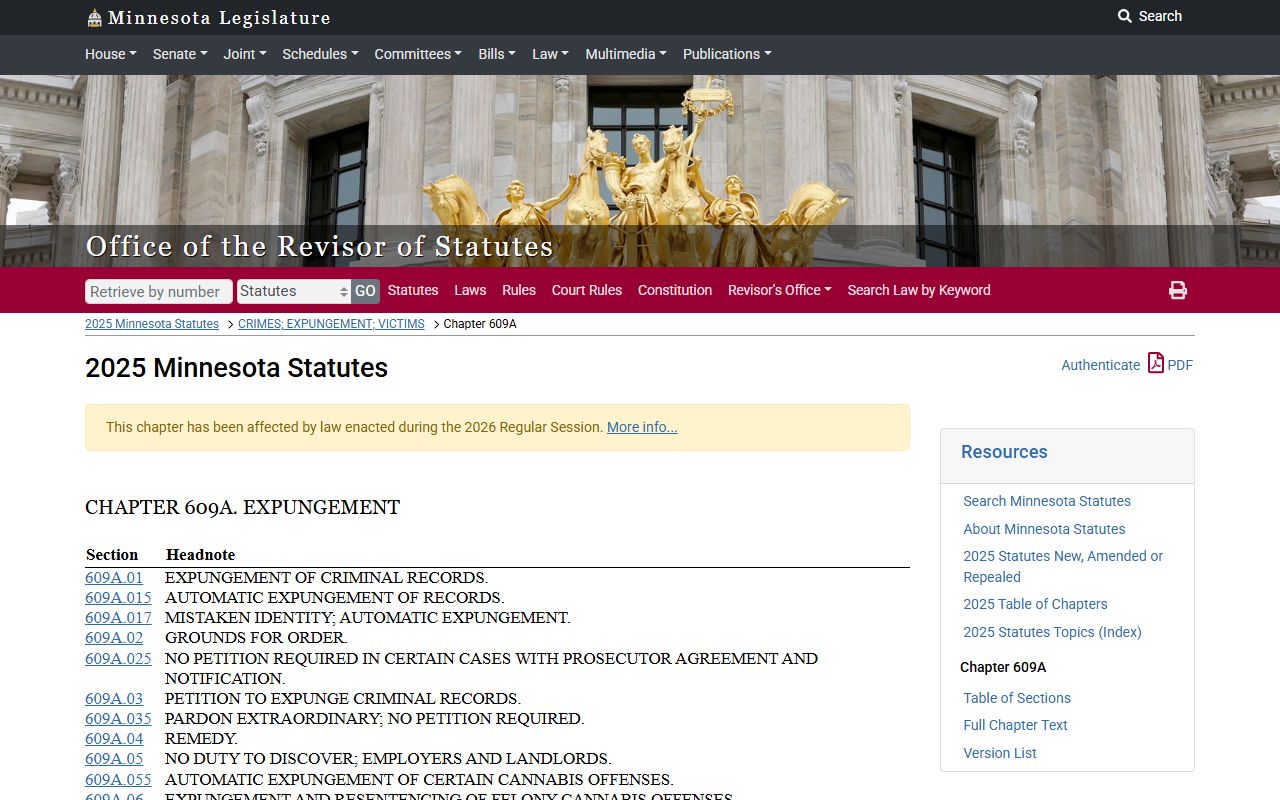 Minnesota expungement statute Chapter 609A for sealing Anoka County arrest records