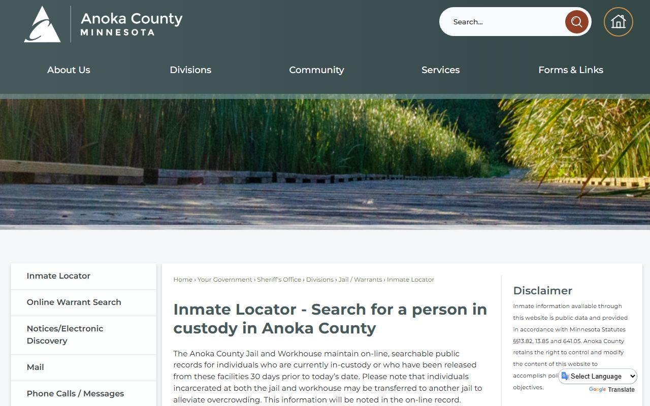 Anoka County inmate locator for arrest and booking records