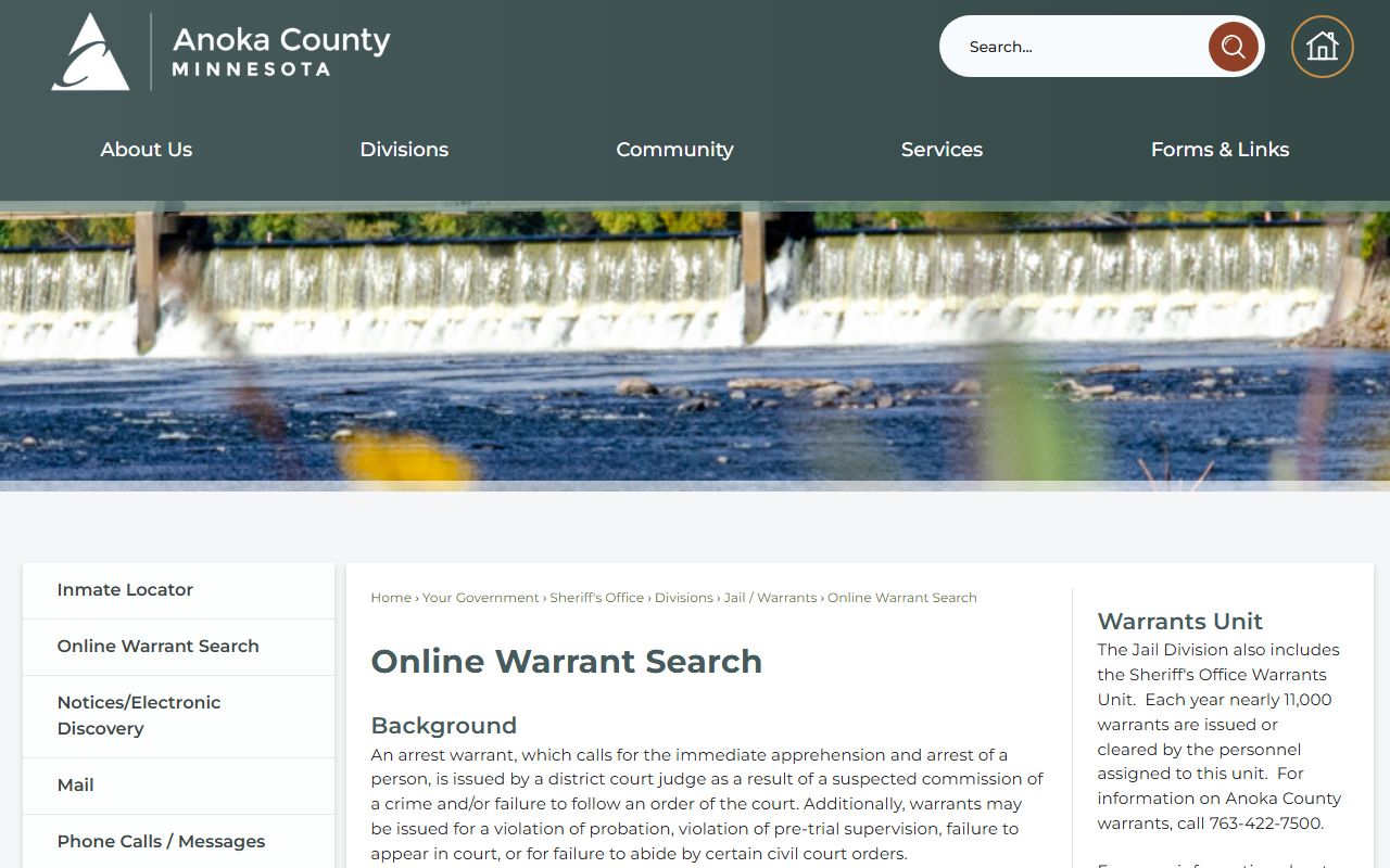Anoka County online warrant search disclaimer page
