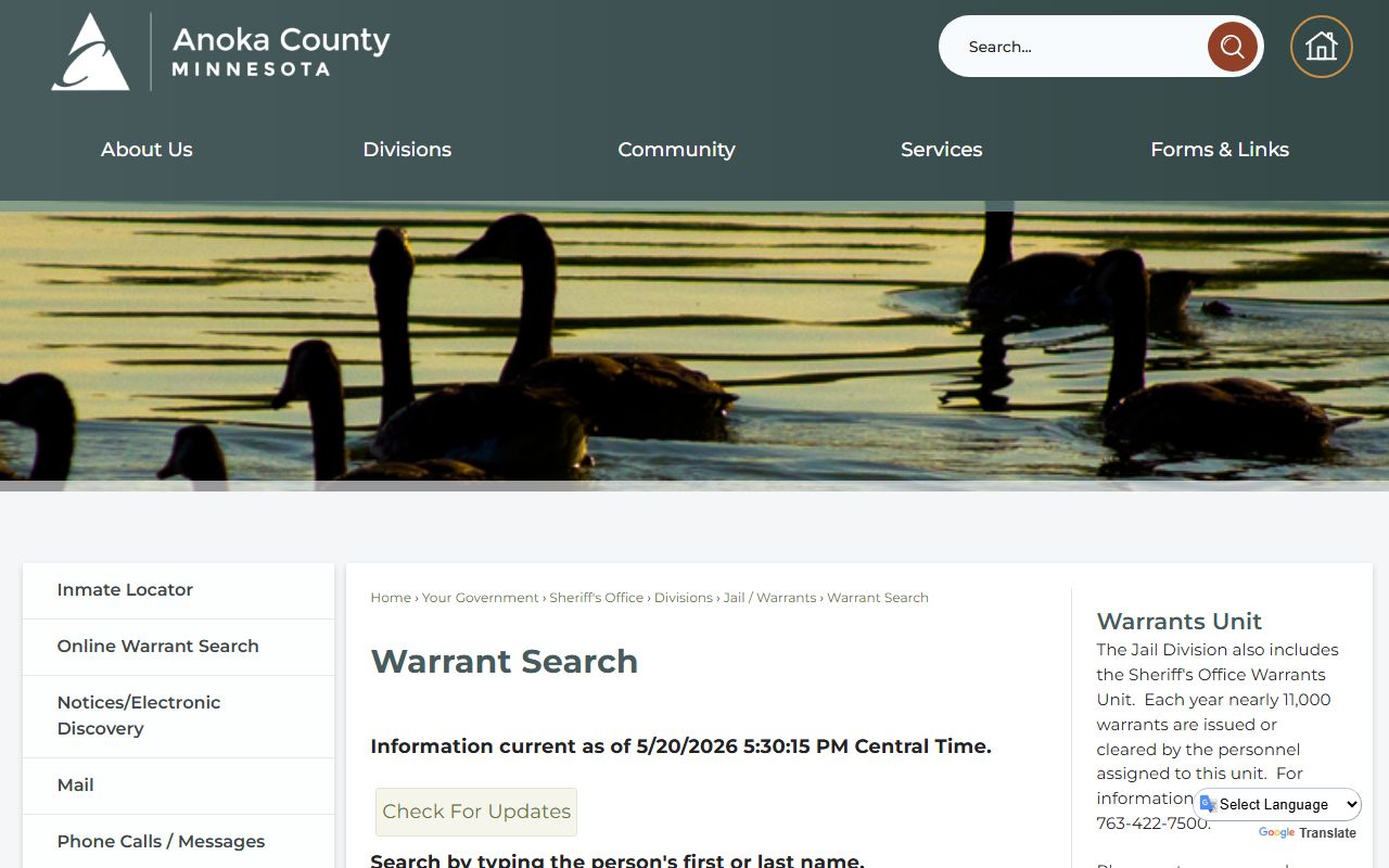 Anoka County active warrant search application
